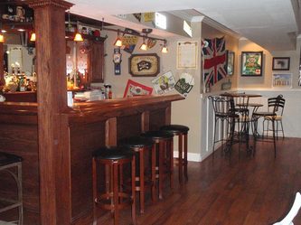 Image of a Bar Featuring Stools and a Television Screen